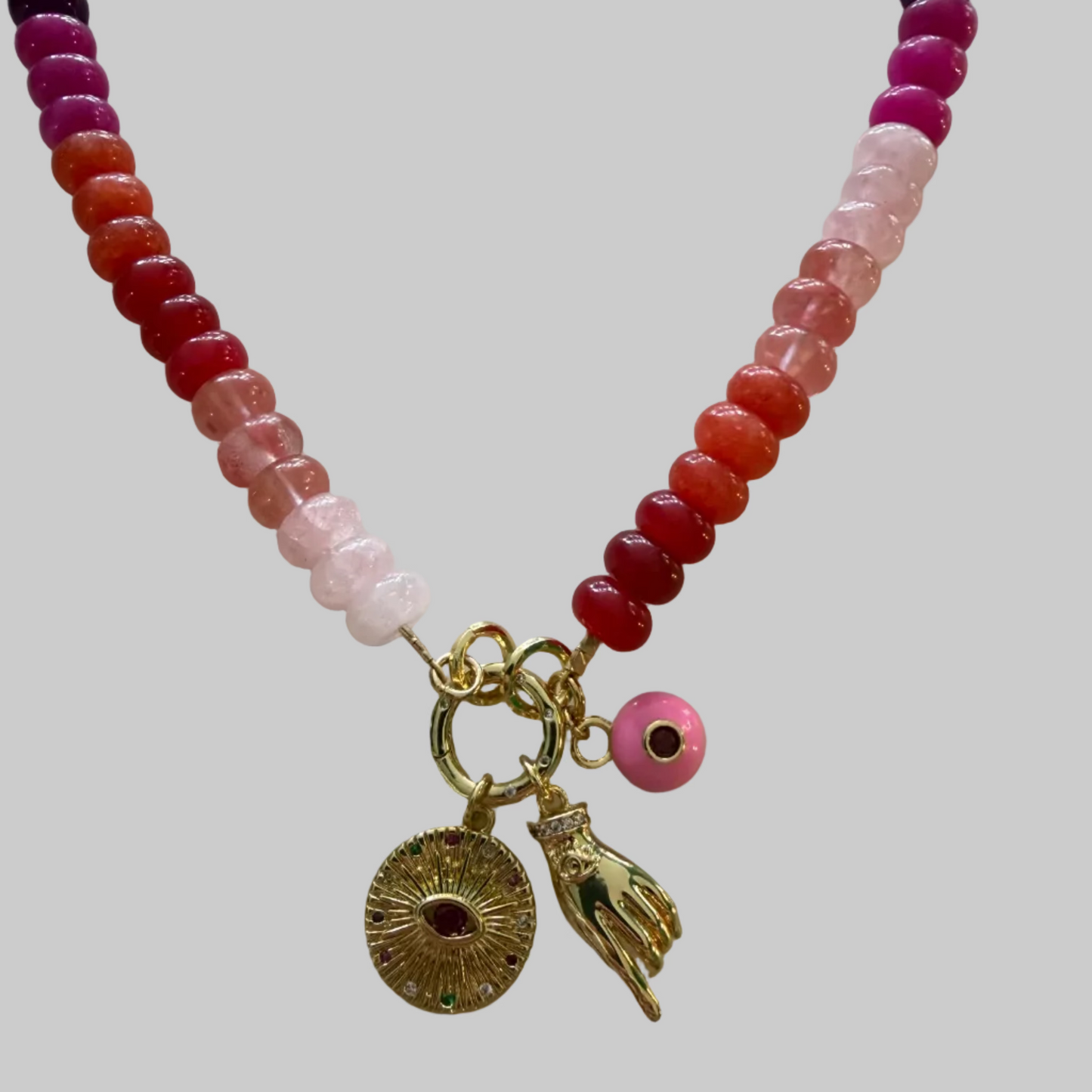 Candy Jade Necklace with Eye & Hand Gold Filled Charm Talismans