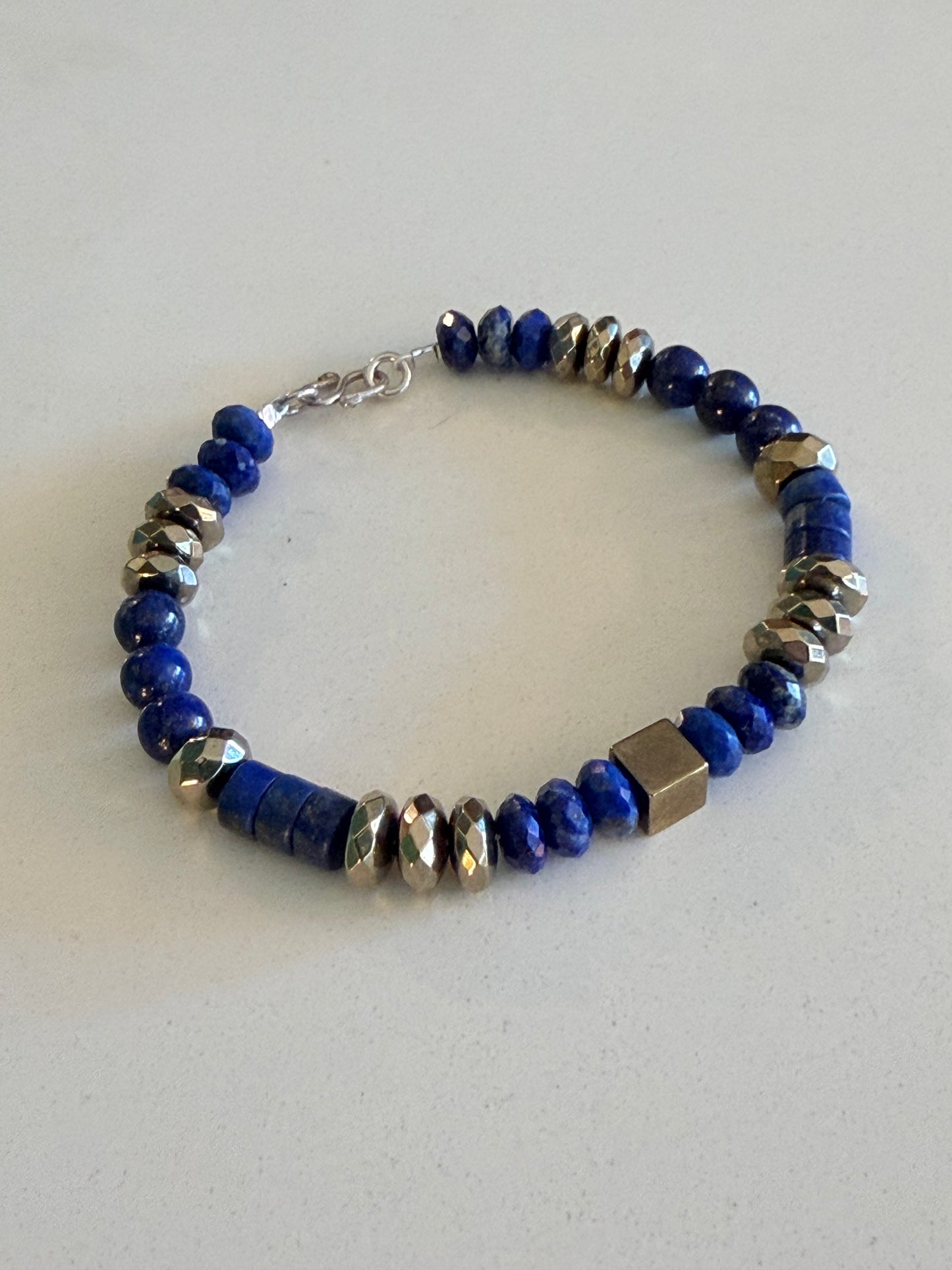 Lapis Lazuli/Pyrite Gemstone Bead Bracelet — Sterling Silver
