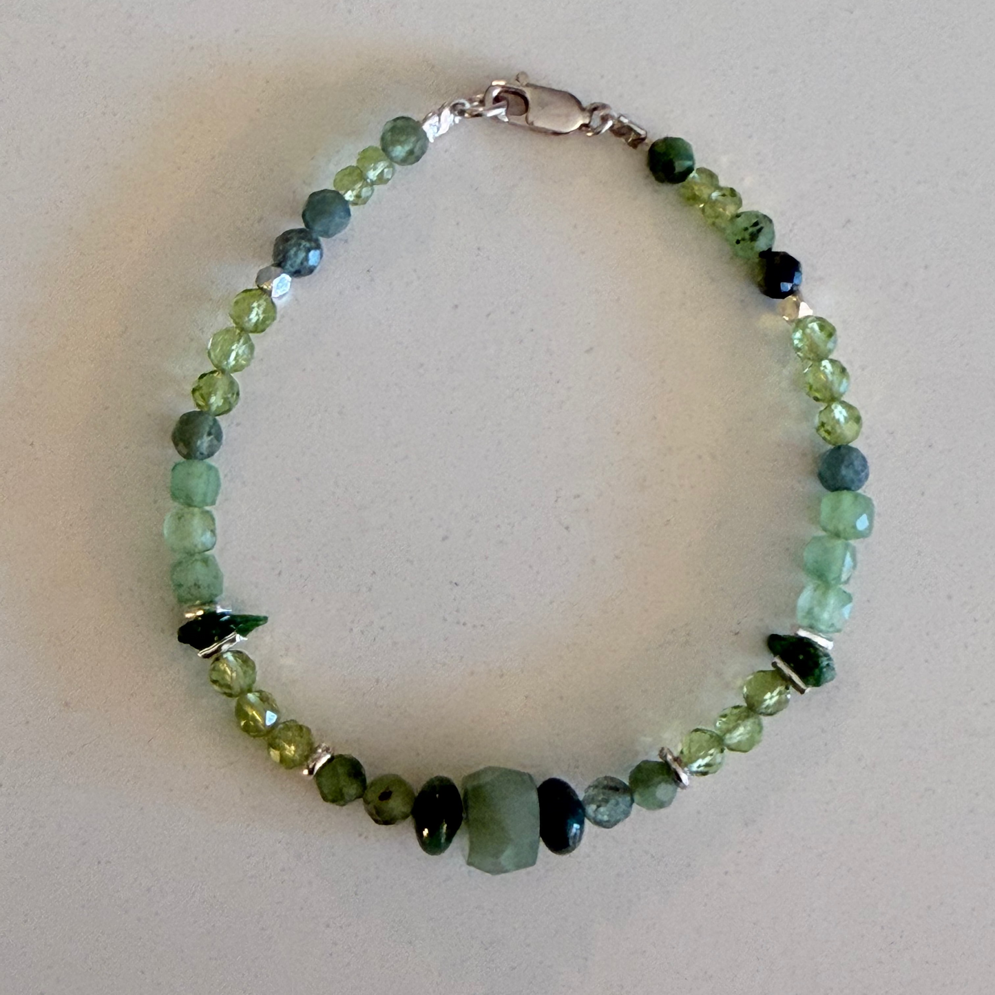 Peridot/Jade/Chrome Diopside/ Green Apatite Gemstone Bead Bracelet — Fine Silver & Sterling Silver (Copy)