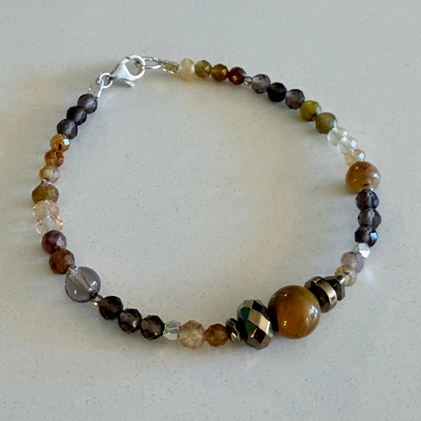 Smoky Quartz/Rutile Quartz/Pyrite Gemstone Bead Bracelet — Fine Silver & Sterling Silver