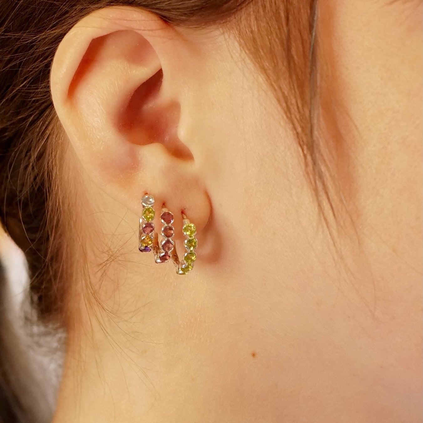Hoop Huggies Sterling Silver Earrings- Peridot or Pink Tourmaline or Multi-Gemstone