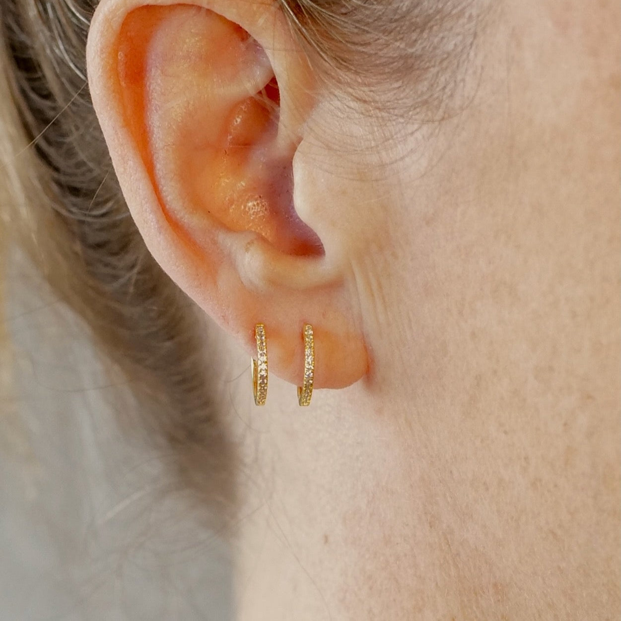 Pink Zircon Mini Pave Huggies 18kt Yellow Gold/Sterling Silver Stud Earrings