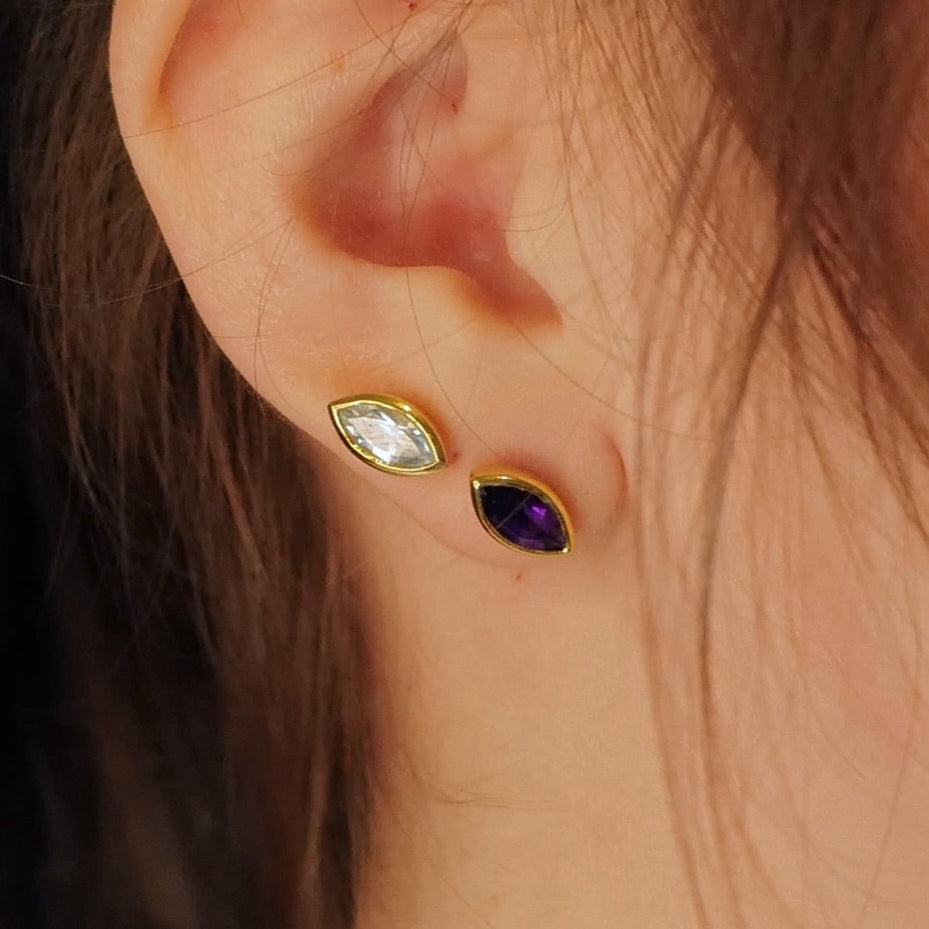 Eye Amethyst & 18kt Yellow Gold/Sterling Silver Stud Earrings