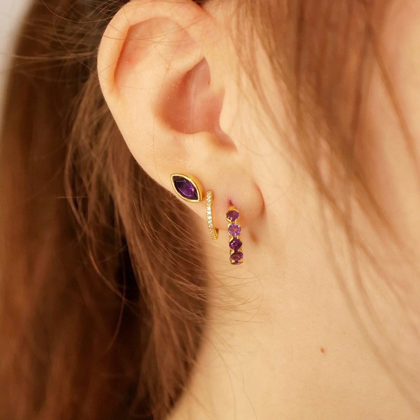 Amethyst Hoop Huggies 18kt Yellow Gold Plated on Sterling Silver Earrings