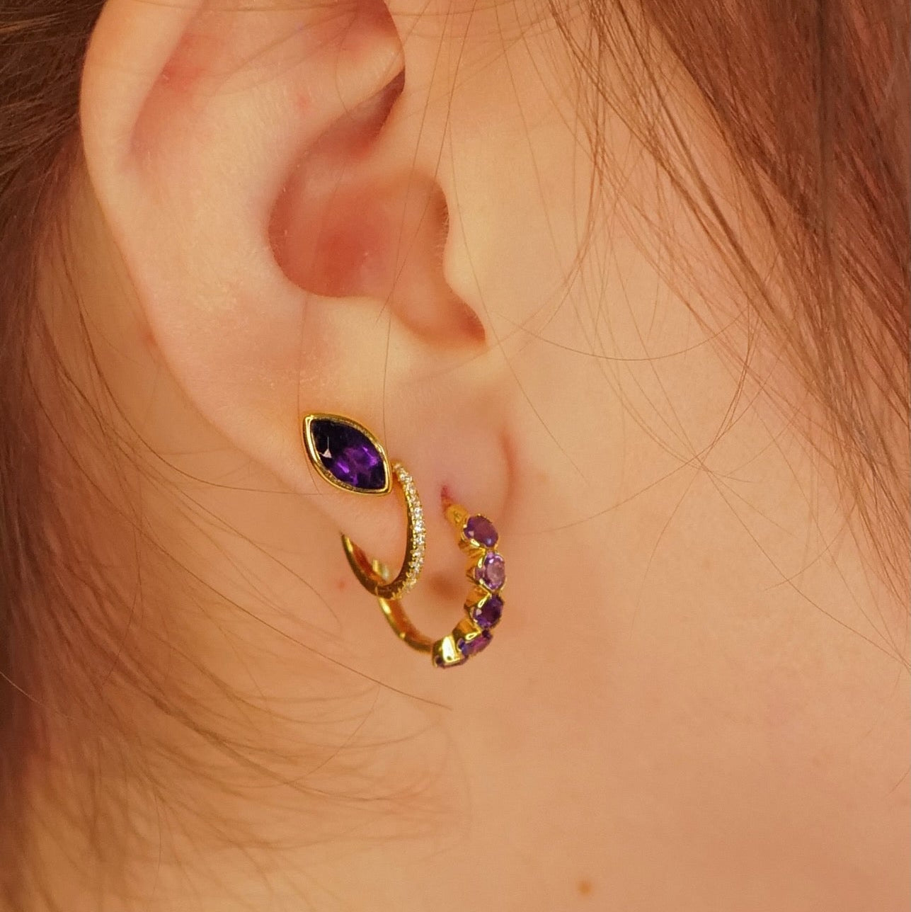 Eye Amethyst & 18kt Yellow Gold/Sterling Silver Stud Earrings