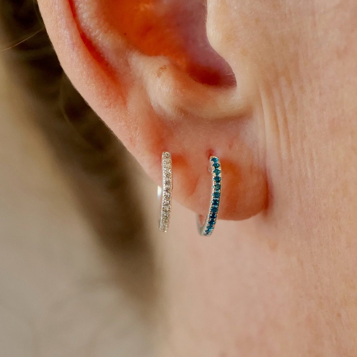 Blue Zircon Mini Pave Huggies Sterling Silver Stud Earrings