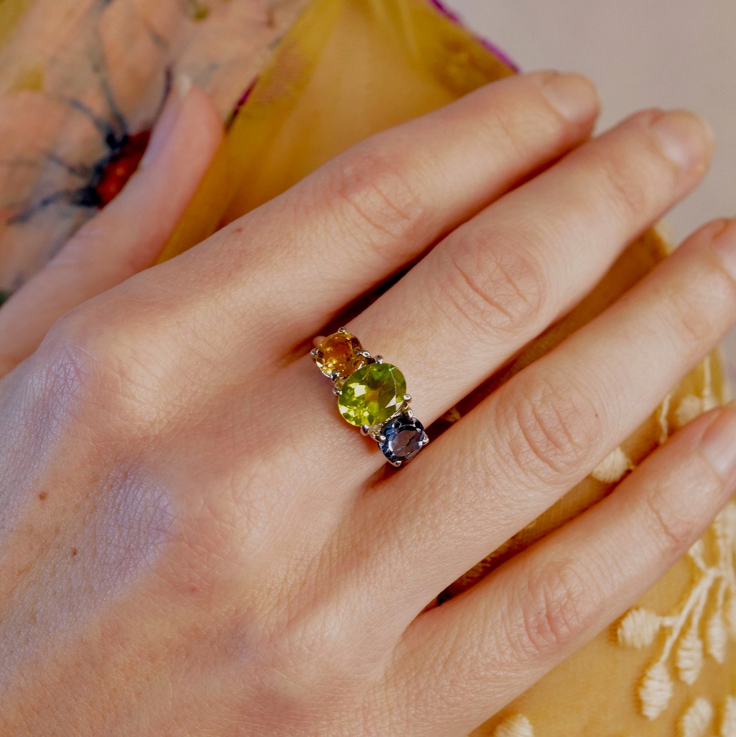 THREE STONE RING - Peridot/London Blue Topaz/ Citrine/Sterling Silver