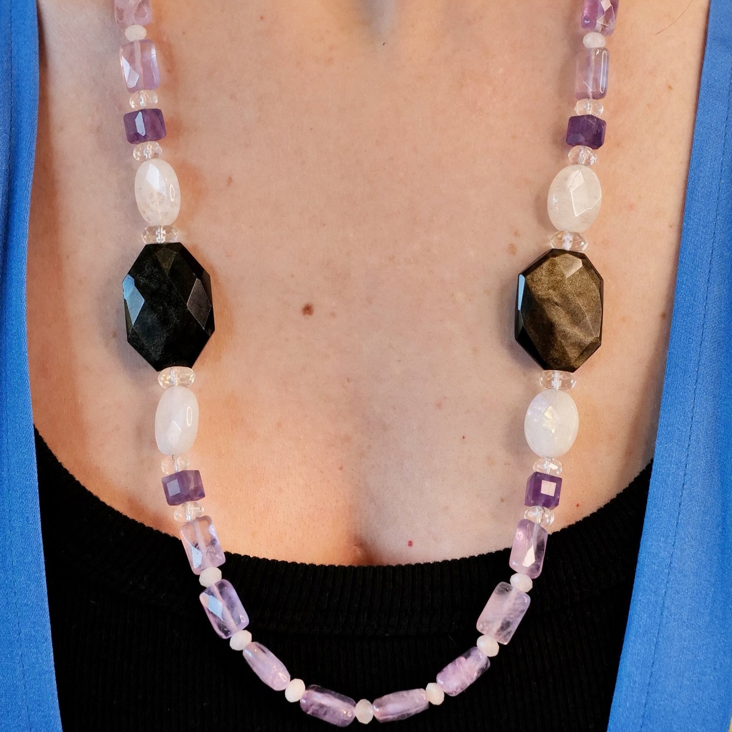 Golden Obsidian, Moonstone, Amethyst & Clear Quartz Necklace