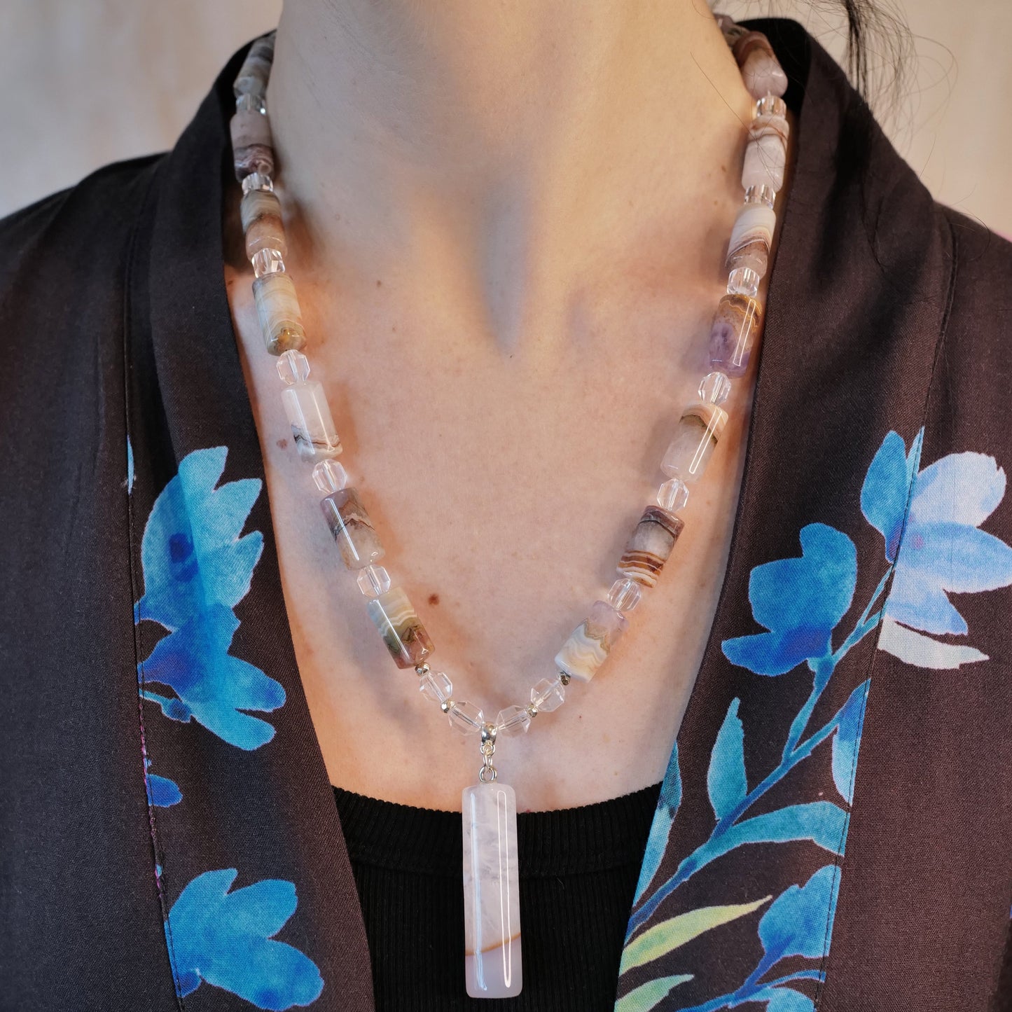Natural Rainbow Amethyst Cylinder Beads & Prism Cut Clear Quartz with Brazilian Quartz Feature Cylinder bead & S/Silver Clasp Necklace