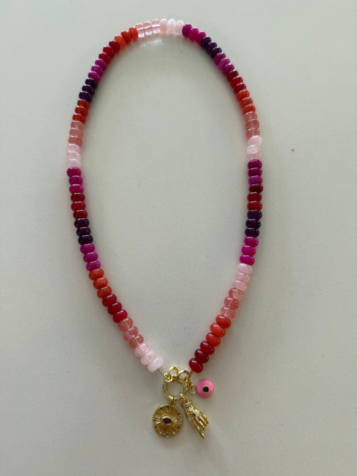 Candy Jade Necklace with Eye & Hand Gold Filled Charm Talismans