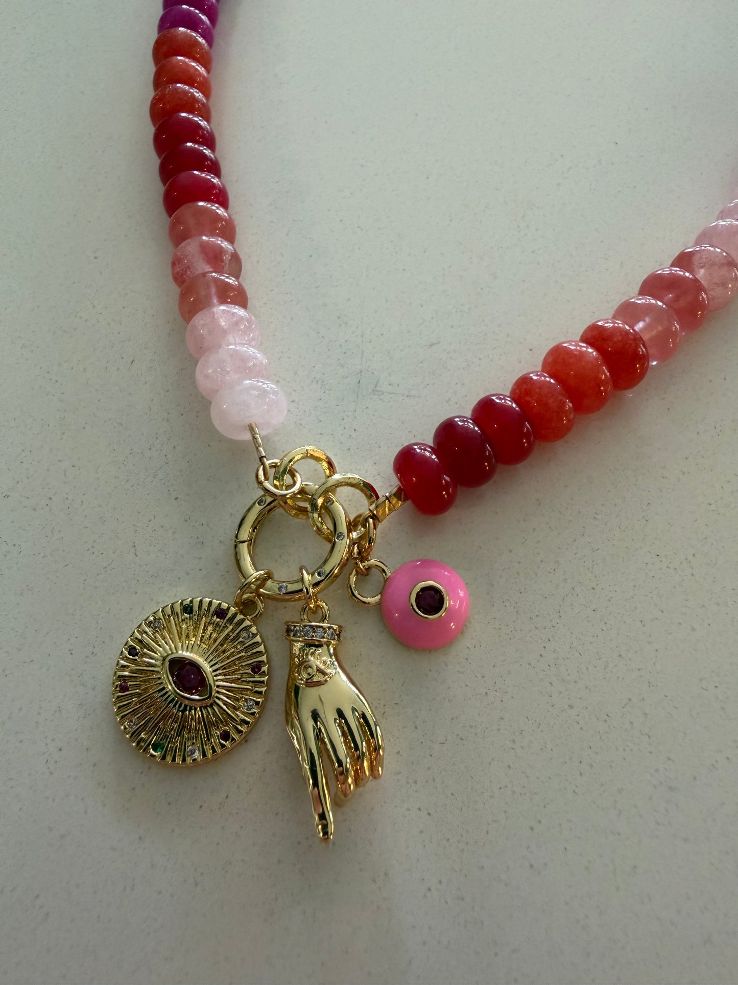 Candy Jade Necklace with Eye & Hand Gold Filled Charm Talismans