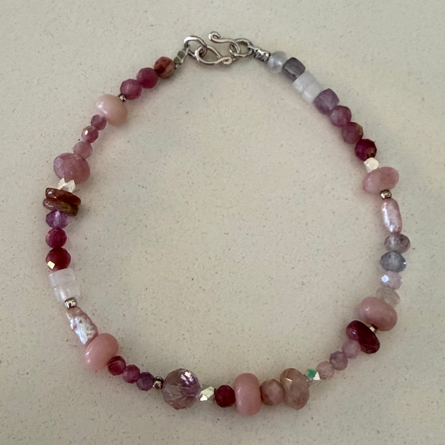 Pink Tourmaline/Pink Opal/pink Freshwater Pearl Gemstone Bead Bracelet — Fine Silver & Sterling Silver