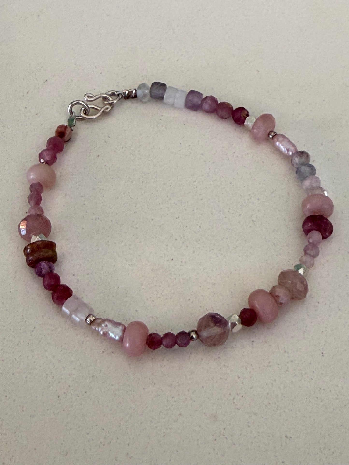 Pink Tourmaline/Pink Opal/pink Freshwater Pearl Gemstone Bead Bracelet — Fine Silver & Sterling Silver