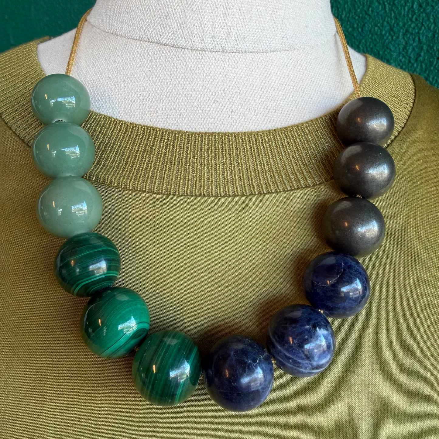 Elixer Alchemy— Aventurine, Malachite, Sodalite & Pyrite Lurex Cord Necklace