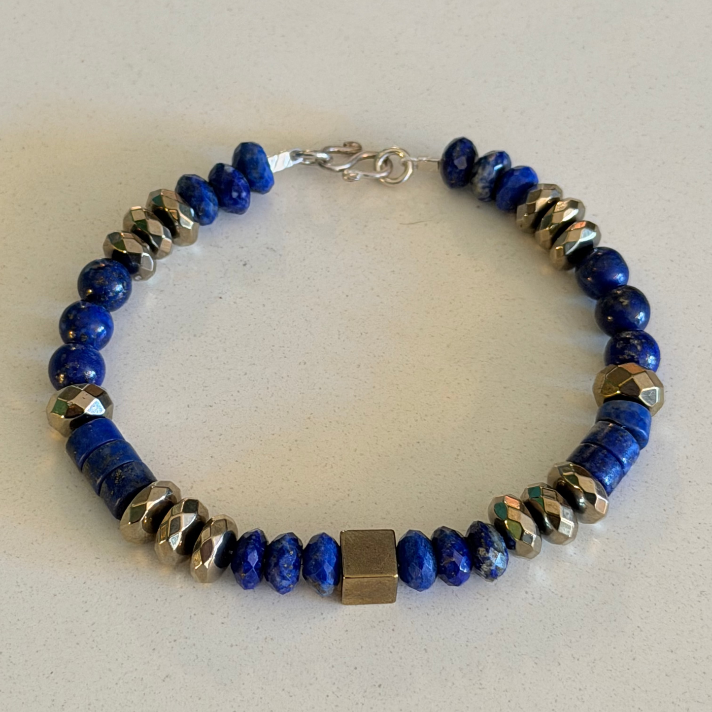 Lapis Lazuli/Pyrite Gemstone Bead Bracelet — Sterling Silver