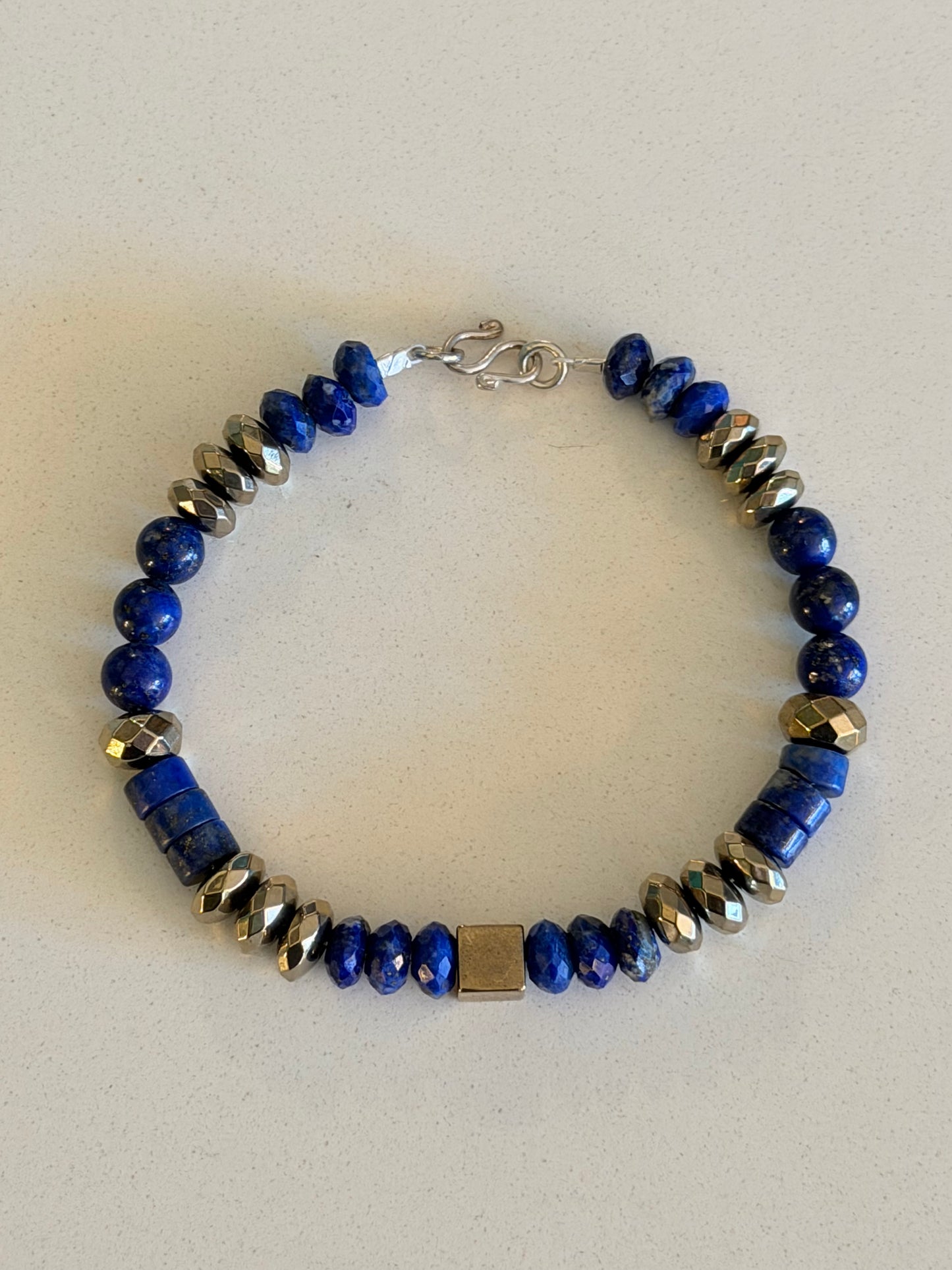Lapis Lazuli/Pyrite Gemstone Bead Bracelet — Sterling Silver
