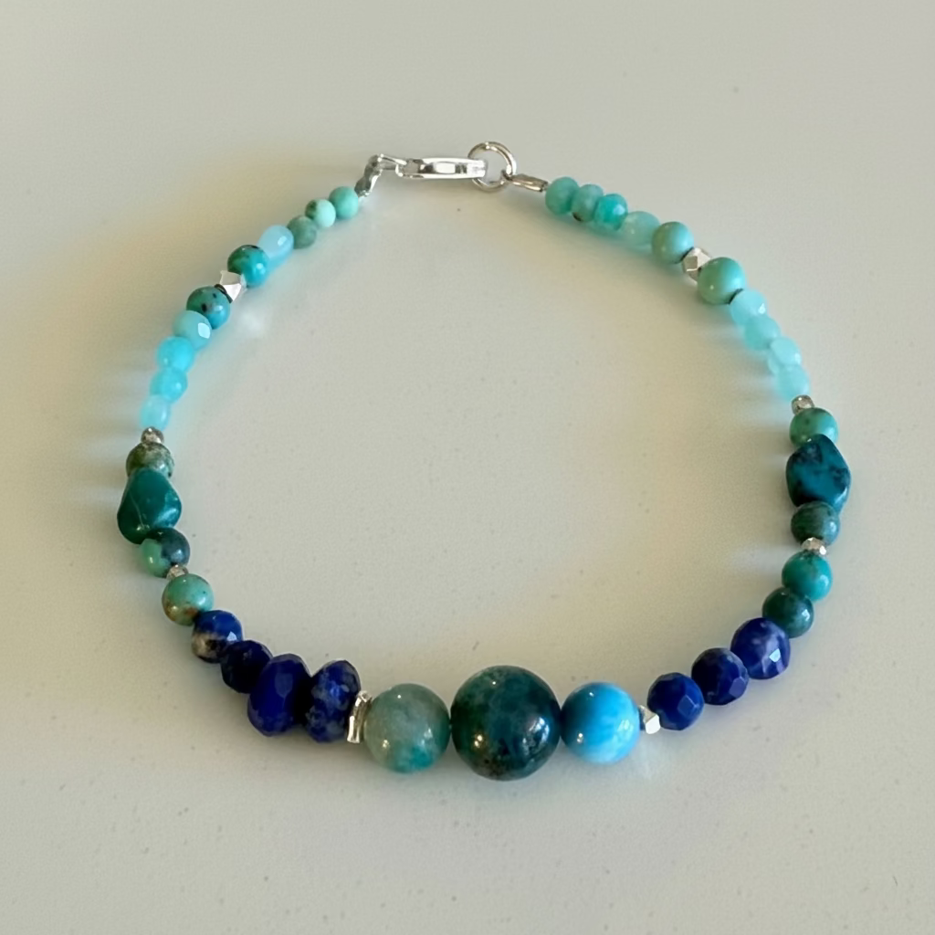 Turquoise/Lapis Lazuli/Amazonite/Apatite  Gemstone Bead Bracelet — Fine Silver & Sterling Silver