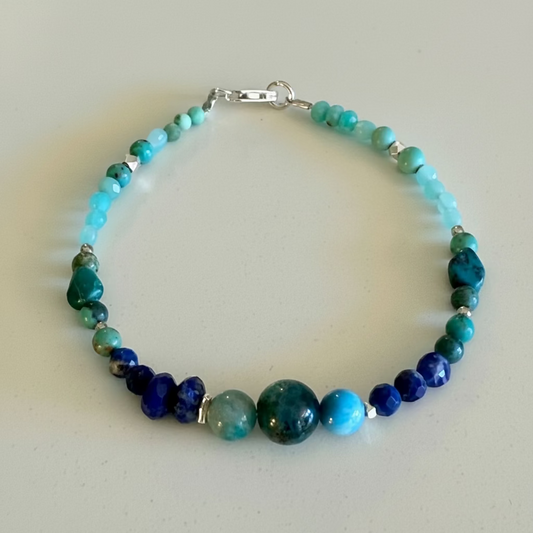 Turquoise/Lapis Lazuli/Amazonite/Apatite  Gemstone Bead Bracelet — Fine Silver & Sterling Silver
