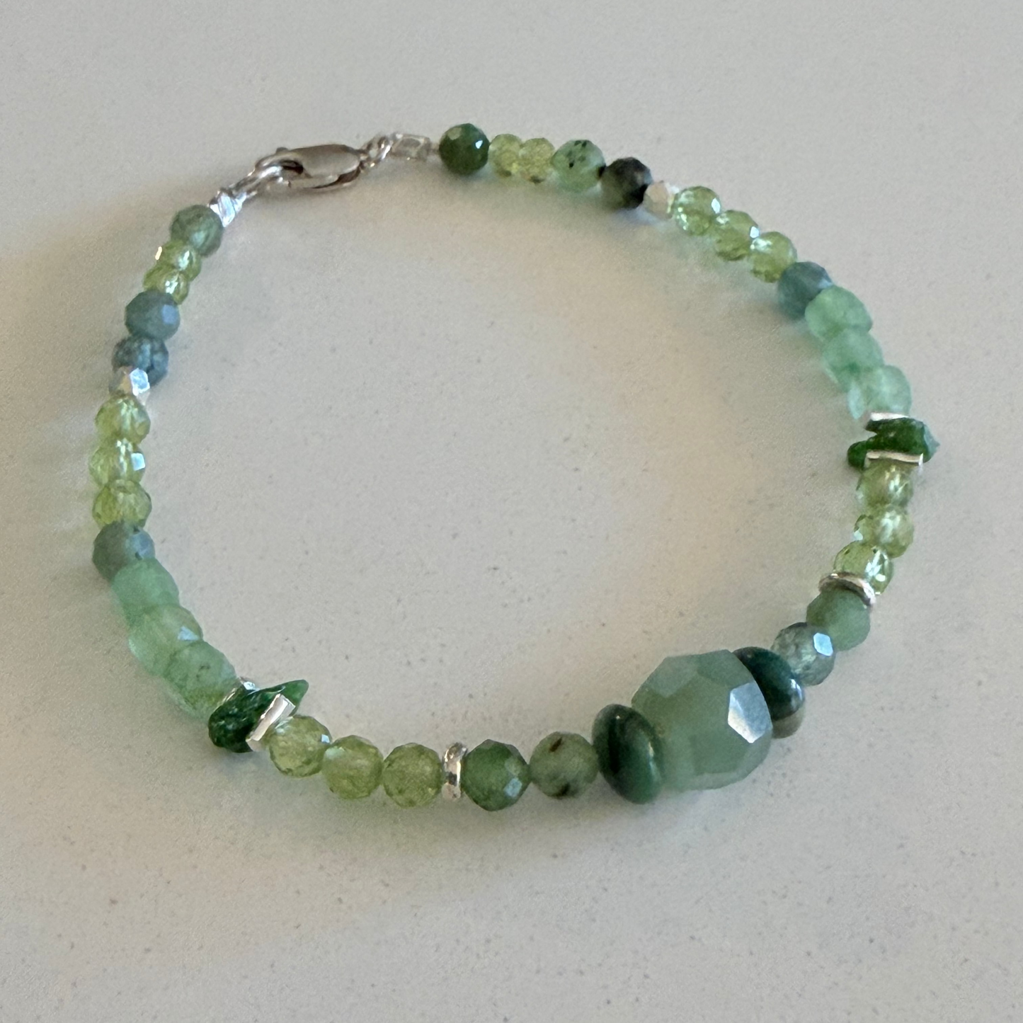 Peridot/Jade/Chrome Diopside/ Green Apatite Gemstone Bead Bracelet — Fine Silver & Sterling Silver (Copy)