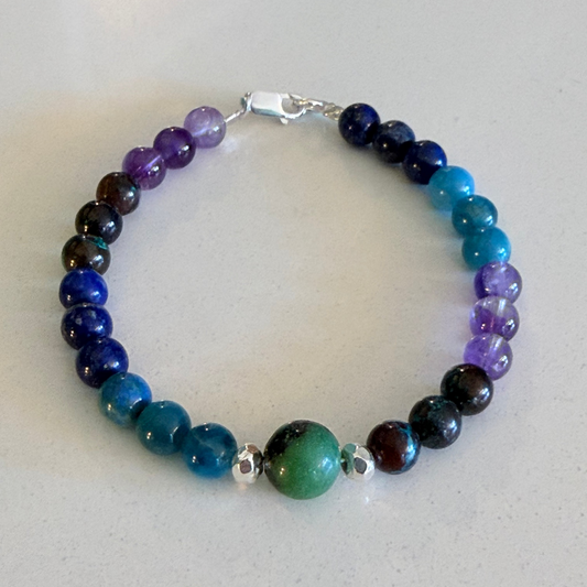 Chrysocolla/Lapis Lazuli/Amethyst/ Apatite/African Jade Gemstone Bead Bracelet — Fine Silver & Sterling Silver (Copy) (Copy)