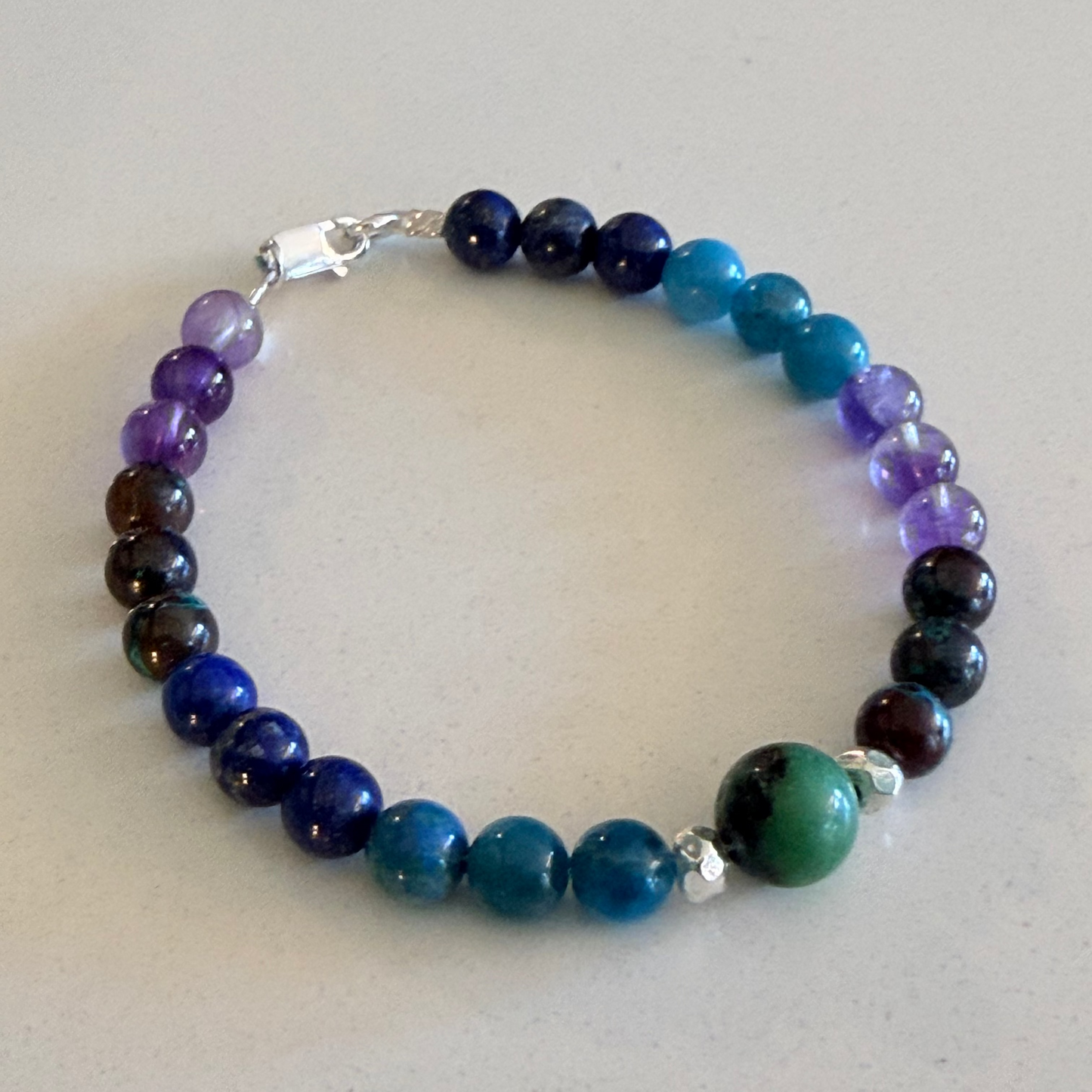 Chrysocolla/Lapis Lazuli/Amethyst/ Apatite/African Jade Gemstone Bead Bracelet — Fine Silver & Sterling Silver (Copy) (Copy)
