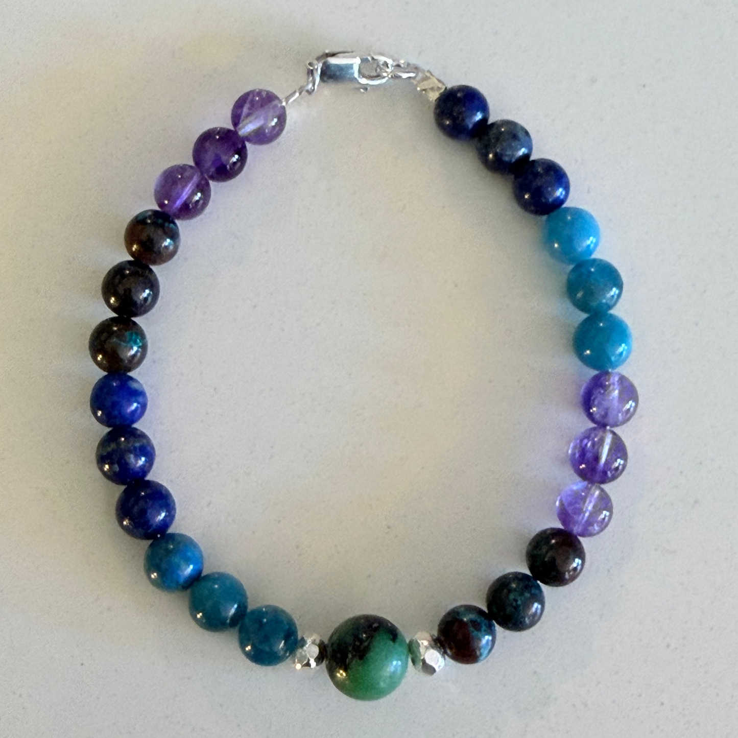 Chrysocolla/Lapis Lazuli/Amethyst/ Apatite/African Jade Gemstone Bead Bracelet — Fine Silver & Sterling Silver (Copy) (Copy)