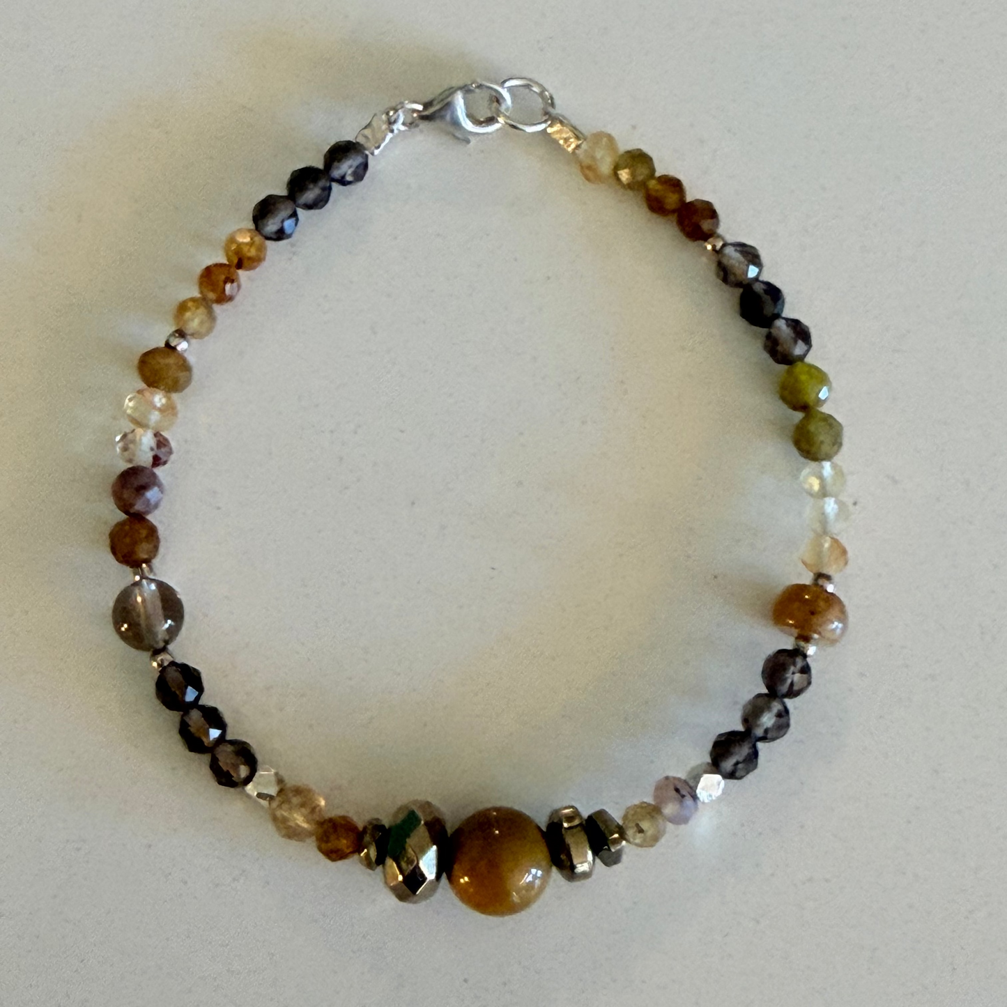 Smoky Quartz/Rutile Quartz/Pyrite Gemstone Bead Bracelet — Fine Silver & Sterling Silver