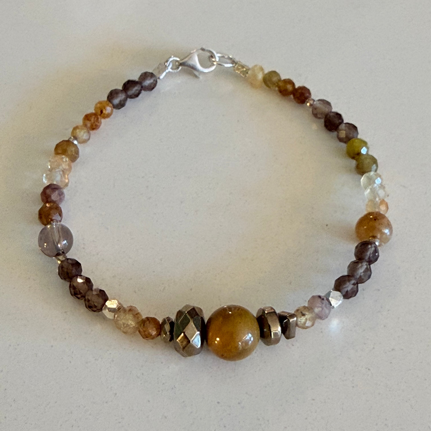 Smoky Quartz/Rutile Quartz/Pyrite Gemstone Bead Bracelet — Fine Silver & Sterling Silver