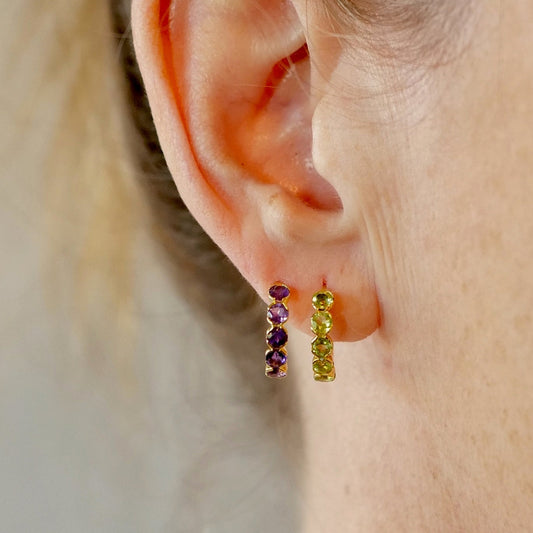 Hoop Huggies 18kt Yellow Gold/Sterling Silver Earrings- Peridot or Amethyst