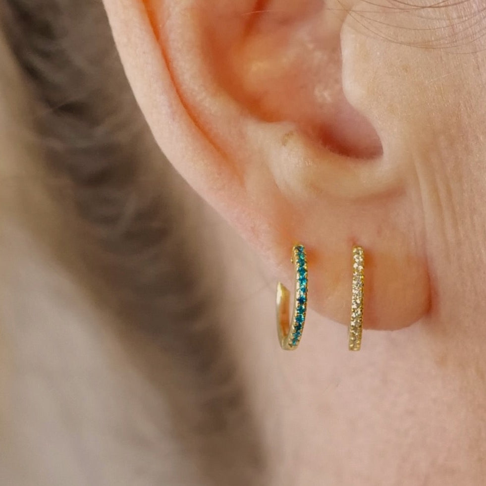 Blue Zircon Mini Pave Huggies 18kt Yellow Gold/Sterling Silver Stud Earrings