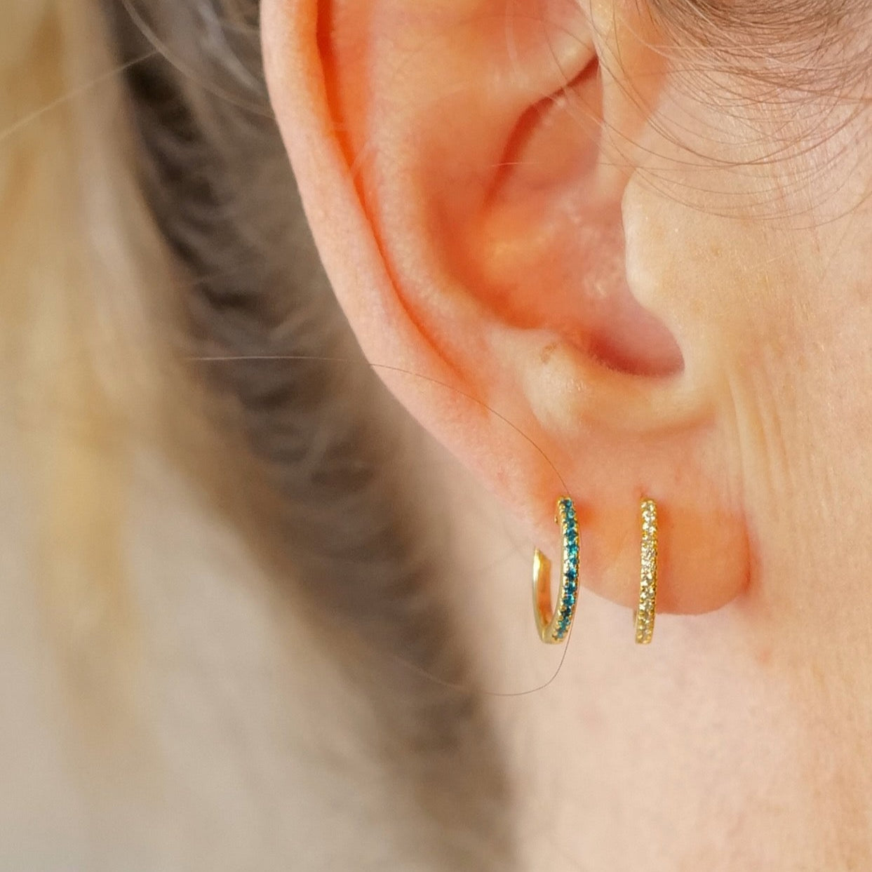Blue Zircon Mini Pave Huggies 18kt Yellow Gold/Sterling Silver Stud Earrings