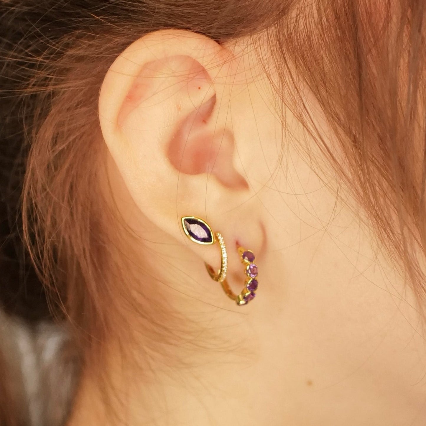 Eye Amethyst & 18kt Yellow Gold/Sterling Silver Stud Earrings