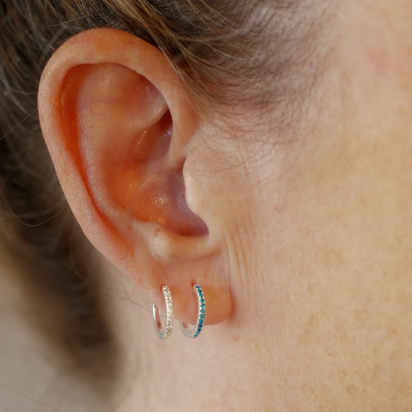 Blue Zircon Mini Pave Huggies Sterling Silver Stud Earrings