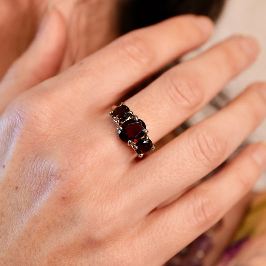 THREE STONE RING - Garnet/ Smoky Quartz/Sterling Silver