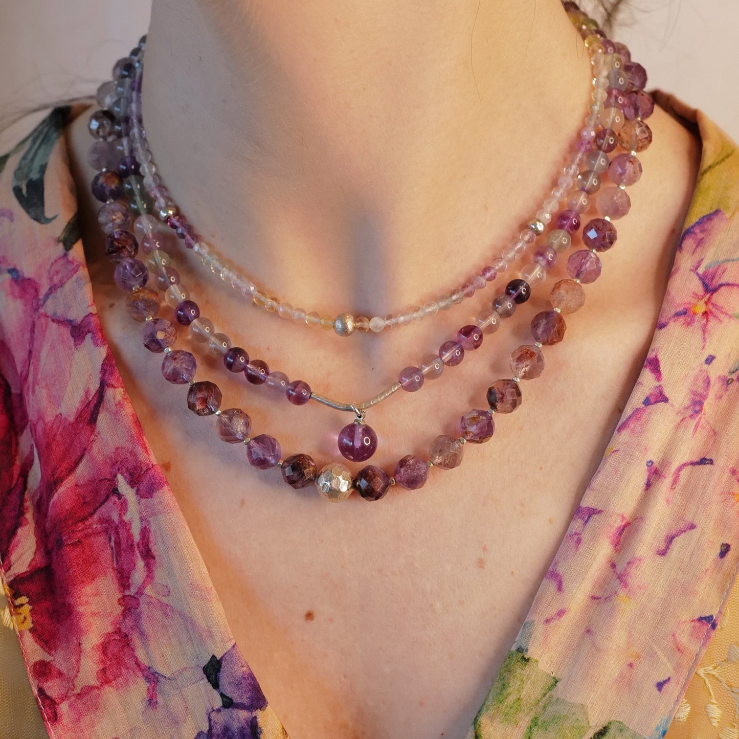 AMETHYST FACETED ROUND BEAD & STERLING SILVER NECKLACE