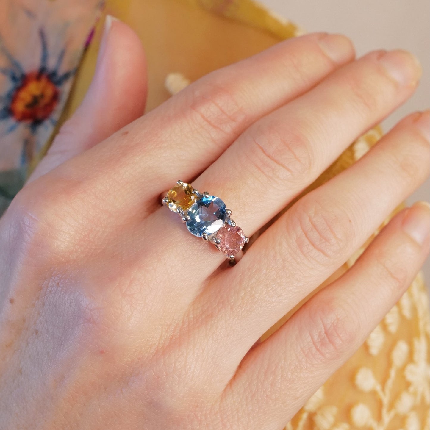 THREE STONE RING - London Blue Topaz/Pink Tourmaline/Citrine/Sterling Silver