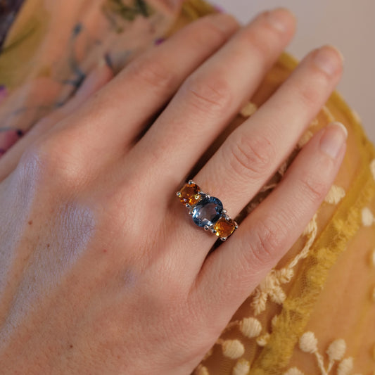 THREE STONE RING - London Blue Topaz/ Citrine/Sterling Silver