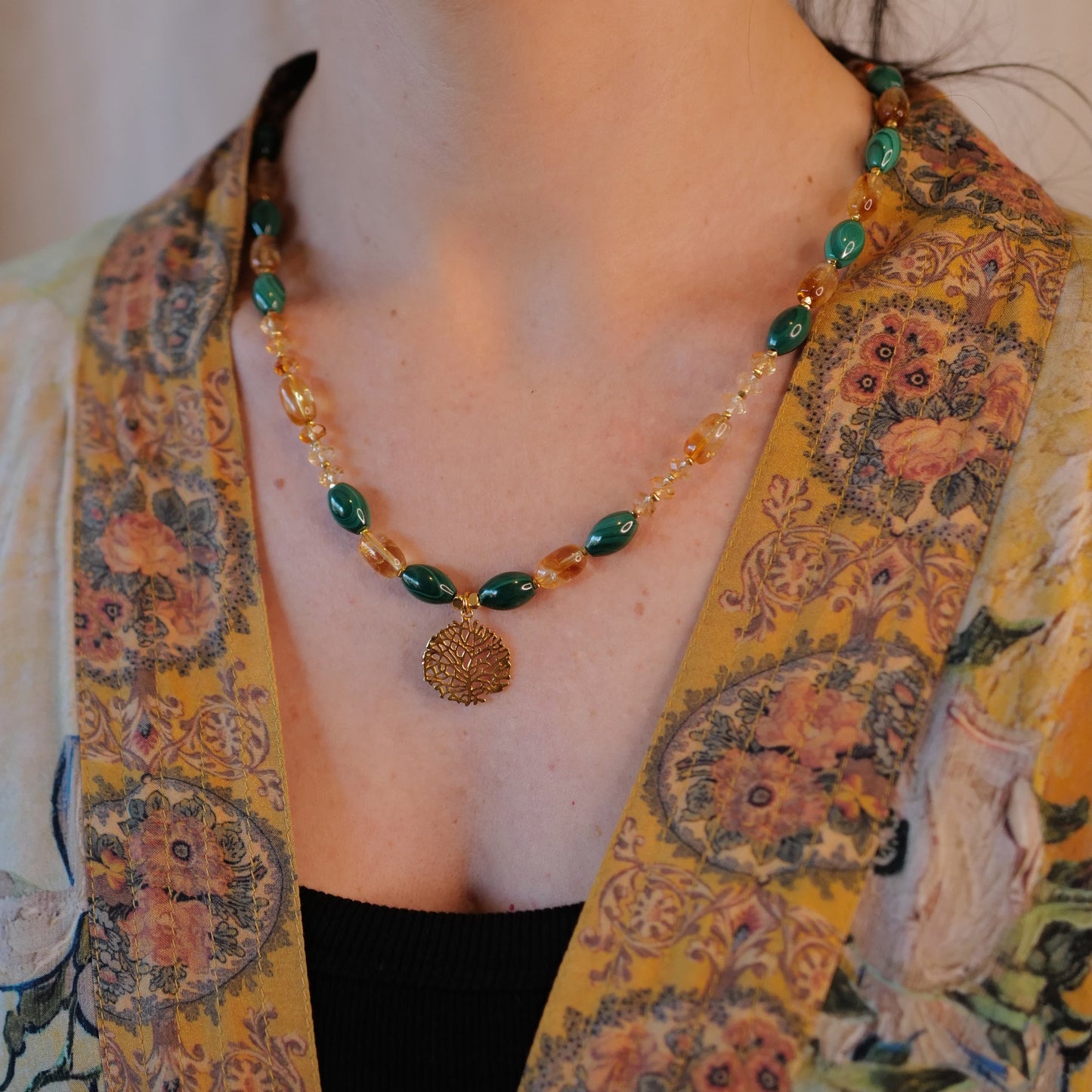 Malachite and citrine barrel beads paired with faceted citrine bead Necklace