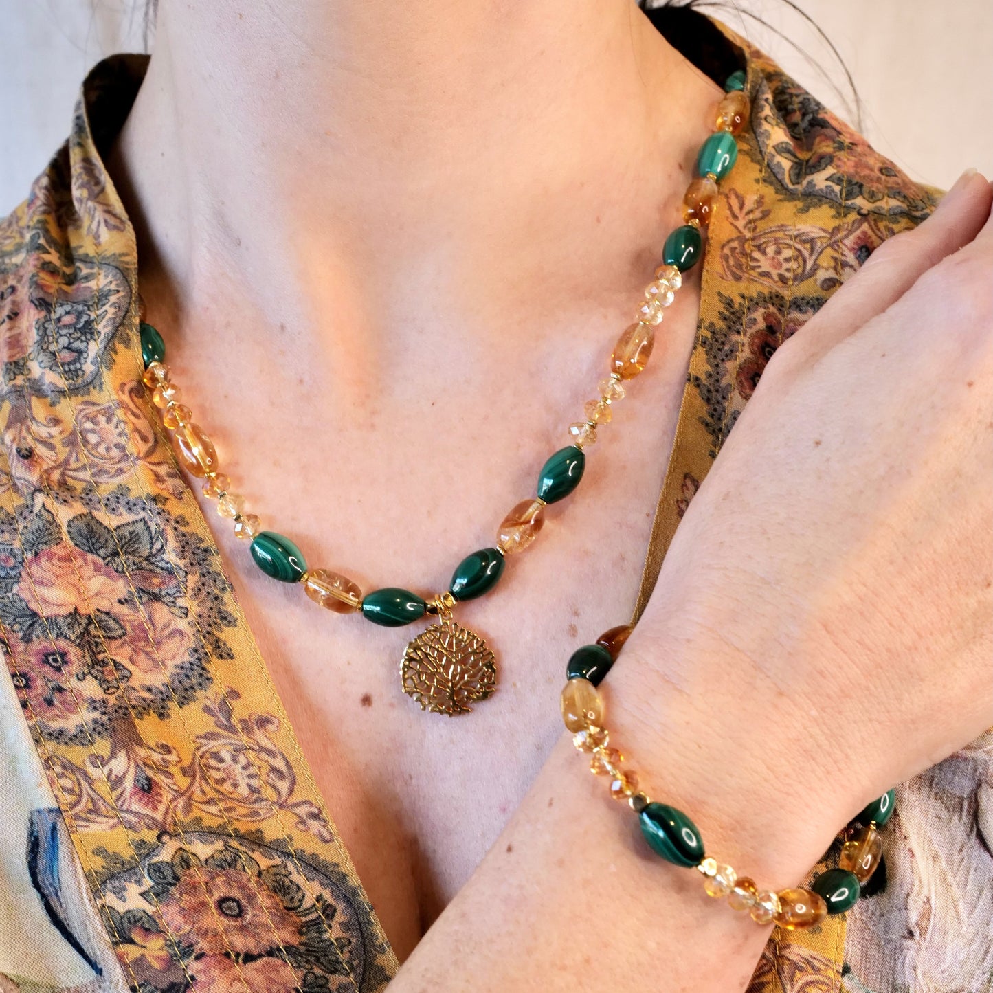 Malachite and citrine barrel beads paired with faceted citrine bead Necklace