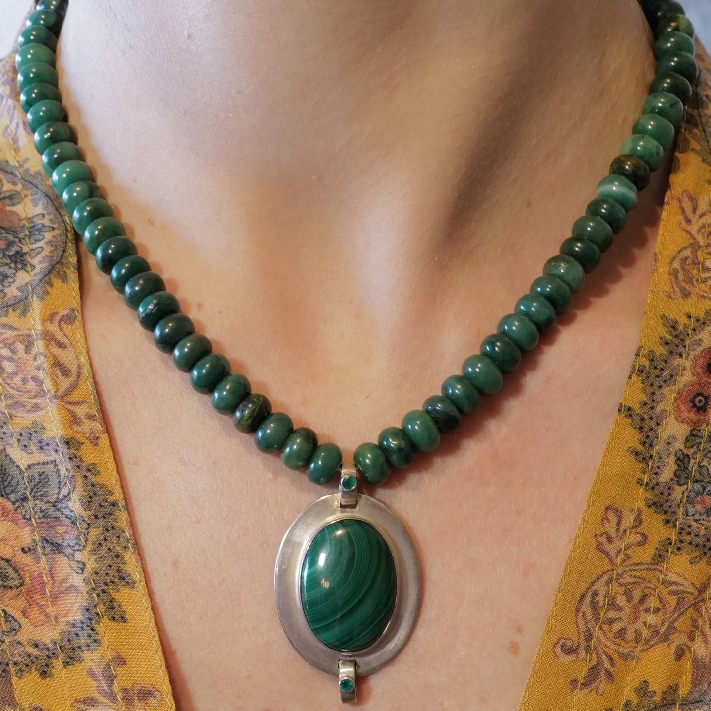 Oval Malachite Pendant in Sterling Silver with Green Onyx and African Jade Rondelle Bead Necklace