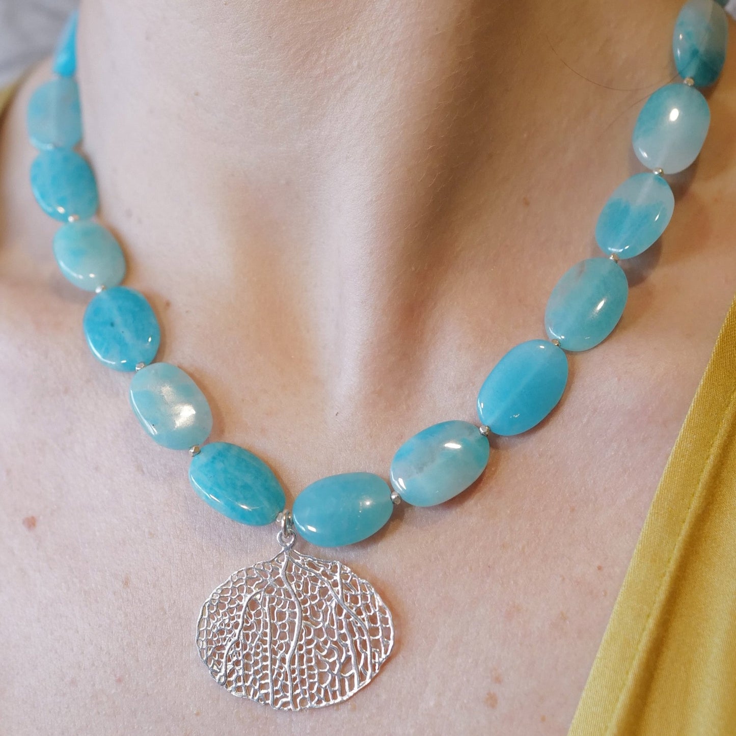 My Archetype Amazonite & Fine Silver Necklace with Coral Pendant- One-of-a-Kind