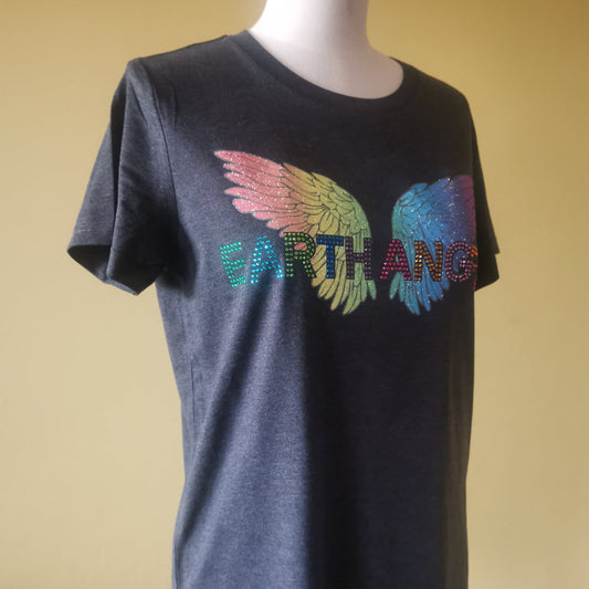 EARTH ANGEL ETHICAL T-SHIRT WITH ANGEL WINGS & CRYSTAL RHINESTONES