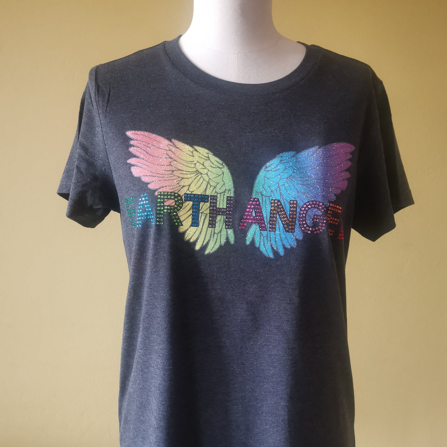 EARTH ANGEL ETHICAL T-SHIRT WITH ANGEL WINGS & CRYSTAL RHINESTONES