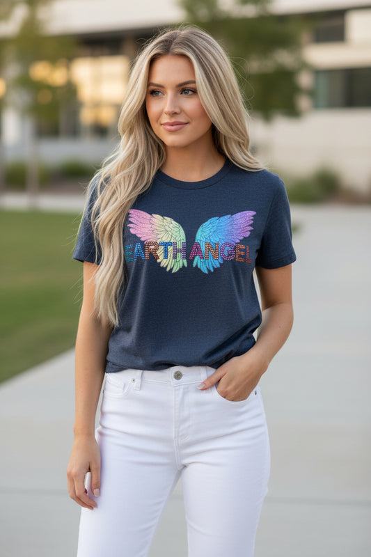 EARTH ANGEL ETHICAL T-SHIRT WITH ANGEL WINGS & CRYSTAL RHINESTONES