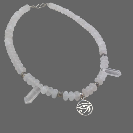 Eye of Horus Protection Selenite, Sterling Silver and Ice Crystal Point Necklace