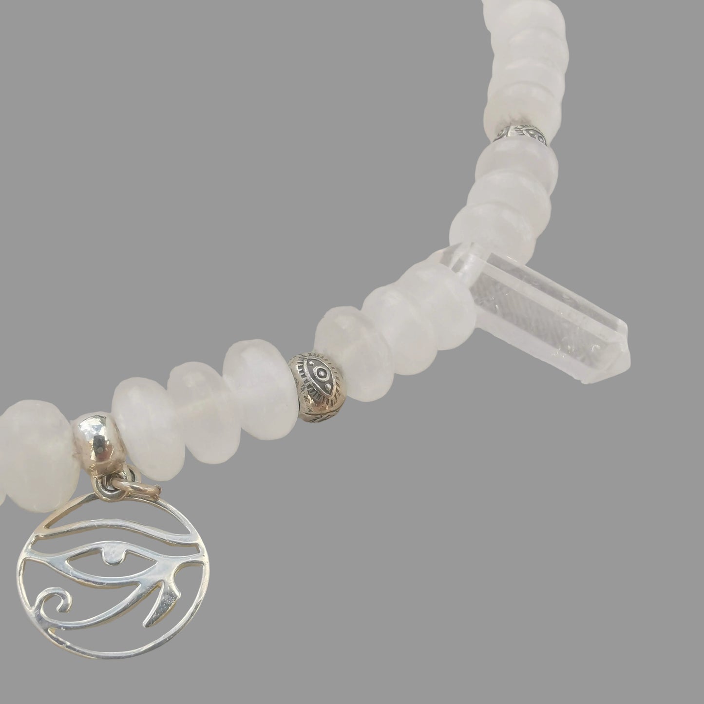 Eye of Horus Protection Selenite, Sterling Silver and Ice Crystal Point Necklace