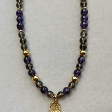 Load image into Gallery viewer, AMETHYST, SMOKY QUARTZ &amp; GOLD BEAD NECKLACE WITH LEAF CHARM
