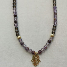Load image into Gallery viewer, SUPER SEVEN, SMOKY QUARTZ &amp; GOLD BEAD NECKLACE WITH HAMSA AMULET CHARM
