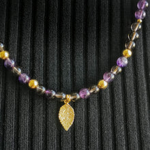 Load image into Gallery viewer, AMETHYST, SMOKY QUARTZ &amp; GOLD BEAD NECKLACE WITH LEAF CHARM
