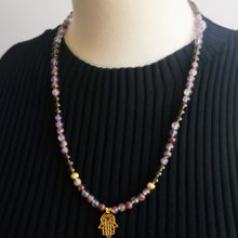 Load image into Gallery viewer, SUPER SEVEN, SMOKY QUARTZ &amp; GOLD BEAD NECKLACE WITH HAMSA AMULET CHARM
